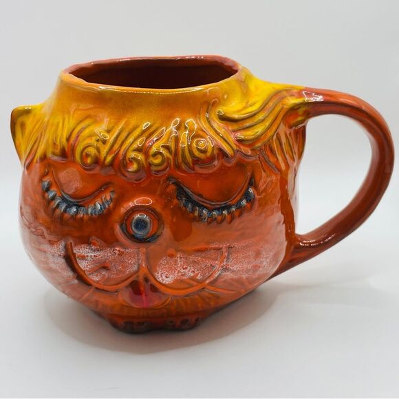 Pacific Stoneware Signed B Walsh 1969 Coffee Mug Cat Feline Orange - Picture 1 of 10